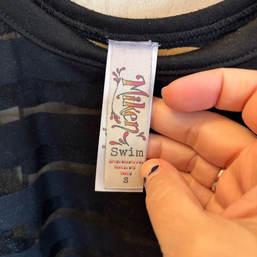 Miken Swim Black Sheer Cover-Up Size Small Bodycon Festival Stripes High Low Hem - Picture 10 of 11